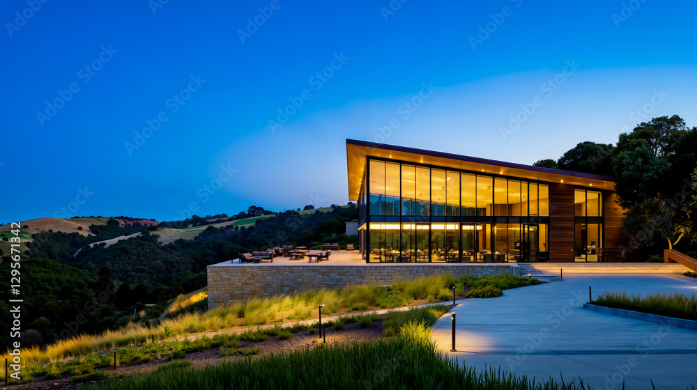 A large glass building with a walkway leading to it at dusk A large glass building with a walkway leading to it at dusk