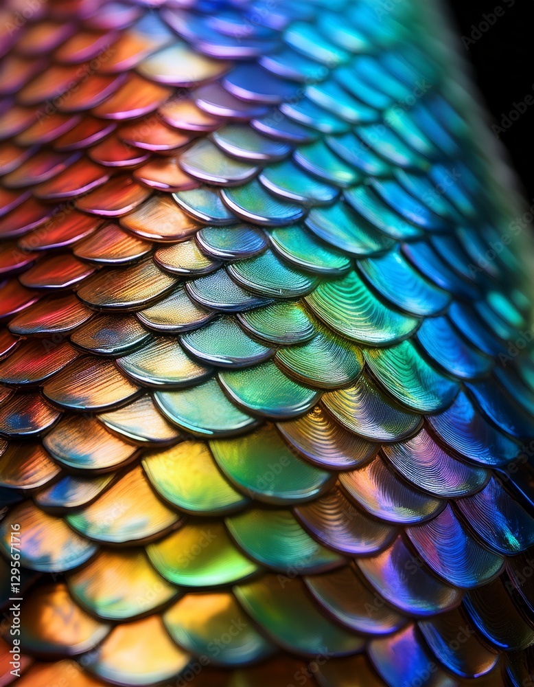 Obraz premium A close-up of iridescent fish scales, revealing the microscopic layers that shift in color, showcasing the vibrant, reflective beauty of the scales.