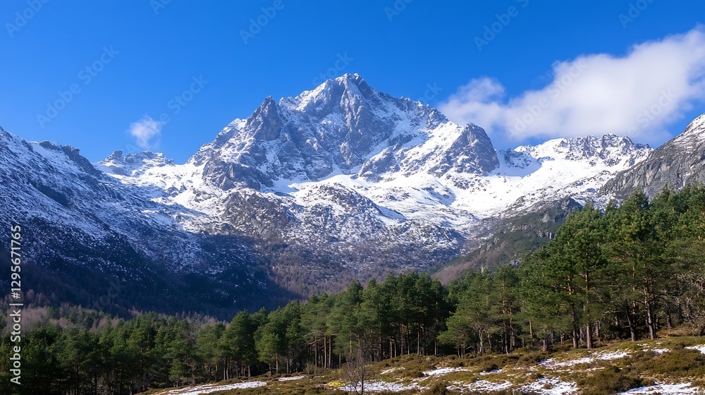 Breathtaking view of snow capped mountain peaks under a clear blue sky surrounded by lush greenery : Generative AI Breathtaking view of snow capped mountain peaks under a clear blue sky surrounded by lush greenery : Generative AI