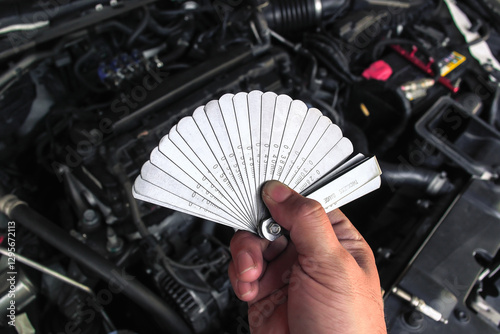 Close up of feeler gauge or thickness gauge in hand of auto mechanic for car engine adjustment , Auto repair concept