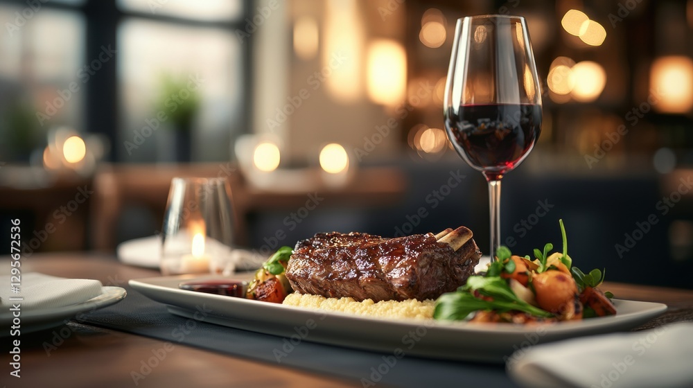 Delicious rib steak with vegetables and a glass of red wine on a restaurant table. Fine dining concept. Delicious rib steak with vegetables and a glass of red wine on a restaurant table. Fine dining concept.