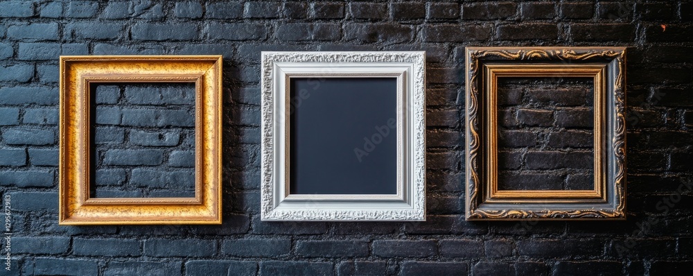 Empty picture frames on dark brick wall (4) Empty picture frames on dark brick wall (4)