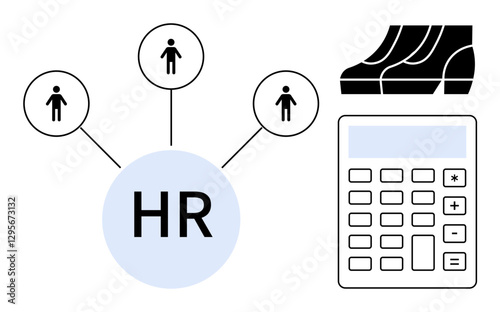 HR circle connecting employees and calculator, black shoes signify workforce. Ideal for HR management, resource allocation, payroll, workforce planning, recruitment, office management, financial