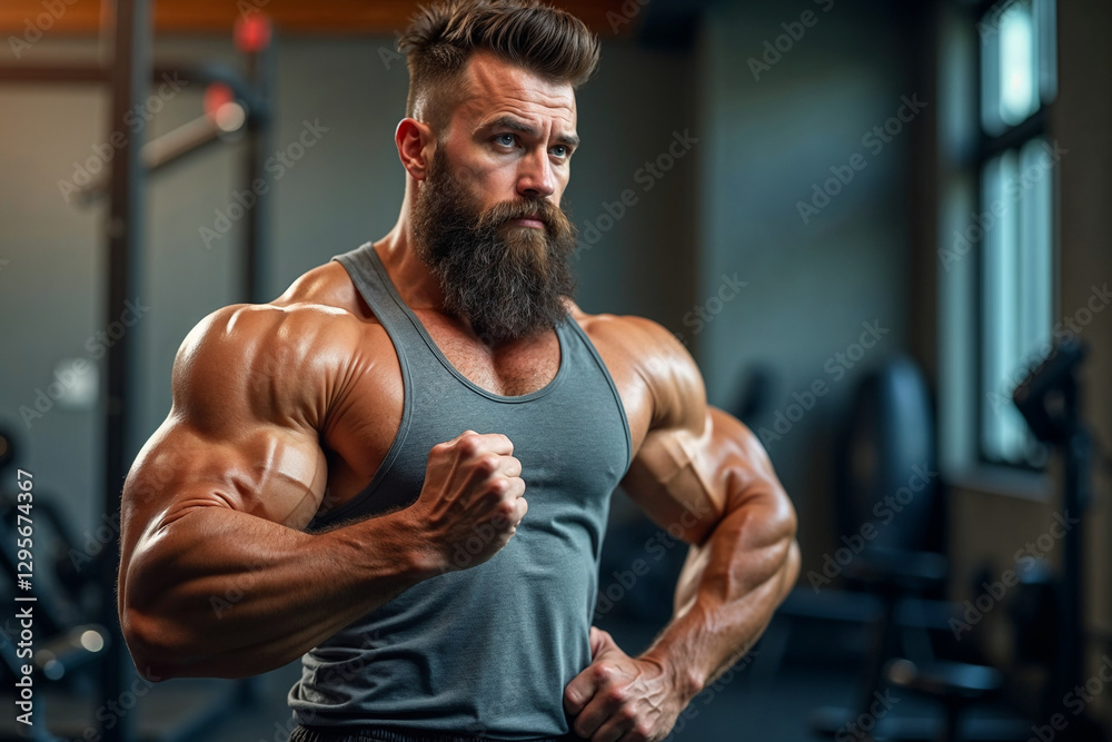 Muscles ripple under the dim glow of gym lights as a dedicated athlete strikes a powerful pose. Hair and beard framed perfectly, he embodies strength and focus during an intense training session Muscles ripple under the dim glow of gym lights as a dedicated athlete strikes a powerful pose. Hair and beard framed perfectly, he embodies strength and focus during an intense training session