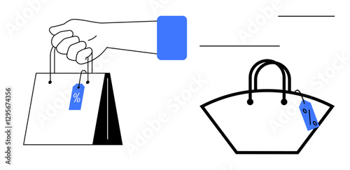 Hand holding a shopping bag with discount tag, second bag with price tag, motion lines indicating movement. Ideal for sales, retail, e-commerce, shopping, discounts, marketing consumer behavior