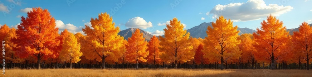 Fototapeta premium Golden hues of maple trees against a blue sky, tree colors, autumn colors