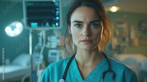 Focused healthcare professional in scrubs stands confidently with stethoscope in a modern hospital environment filled with medical equipment and monitors