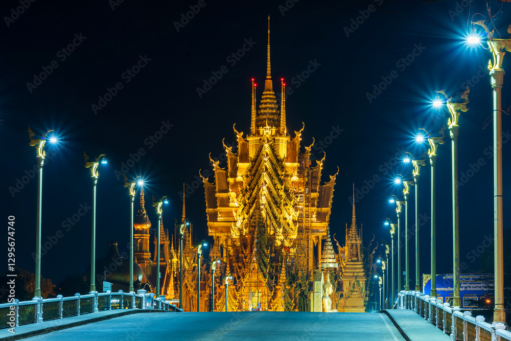 PHITSANULOK, THAILAND - February 11,2025:Turn on lights at night. beautiful Temple (Thai language:Wat Chan West) is a Buddhist temple (Thai language:Wat) It is a major tourist attraction Phitsanulok