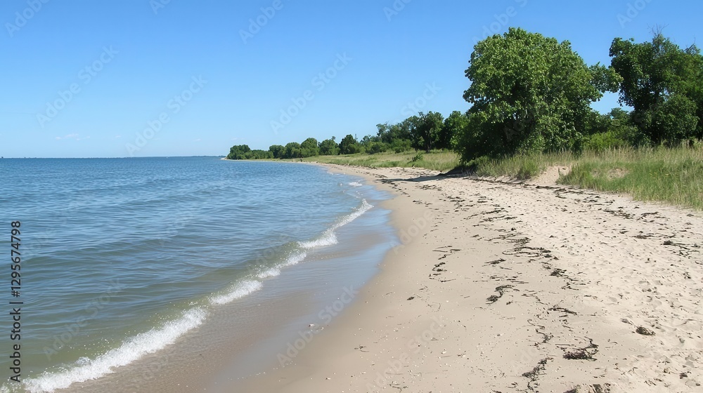Serene Sandy Beach with Gentle Waves on a Sunny Day