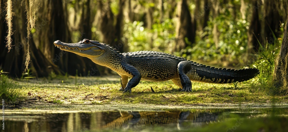 Obraz premium Majestic Alligator Walking Along the Marshy Bank Surrounded by Lush Greenery and Sunlit Canopy in a Serene Wetland Habitat