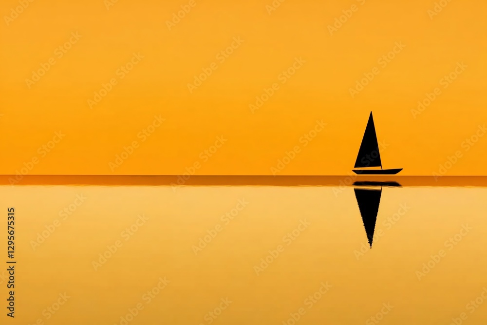 Fototapeta premium Black sailboat silhouette on golden water reflects at sunset.