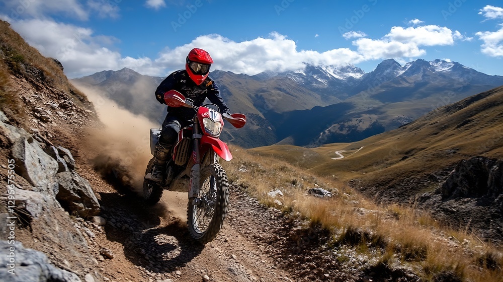 An adrenalinefilled motorcyclist riding on a rugged mountain trail against a stunning background : Generative AI An adrenalinefilled motorcyclist riding on a rugged mountain trail against a stunning background : Generative AI