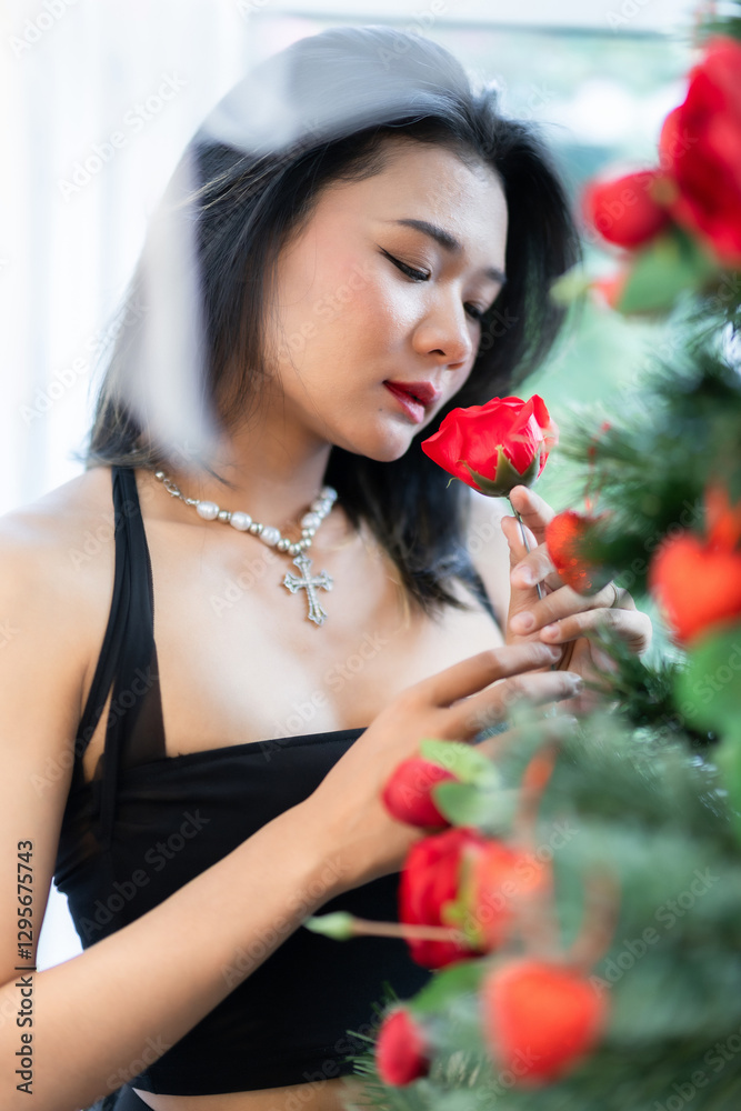 valentine's day, Portrait beautiful asian people woman fashion model in summer Black dress and coffee in cup holding bouquet of red roses in the living room inside or cafe