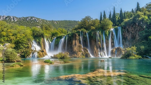 Serene Waterfall Cascading into Emerald Pool Lush Greenery