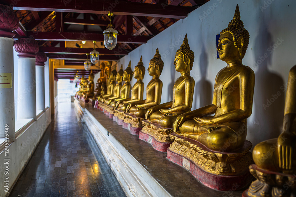 Old Beautiful Golden Buddha Many statues at Wat Phra Si Rattana Mahathat also colloquially referred to as Wat Yai is a Buddhist temple It is a major tourist is Public places in Phitsanulok,Thailand.
