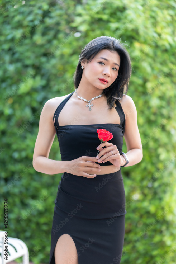 valentine's day, Portrait beautiful asian people woman fashion model in summer Black dress and coffee in cup holding bouquet of red roses in the living room inside or cafe