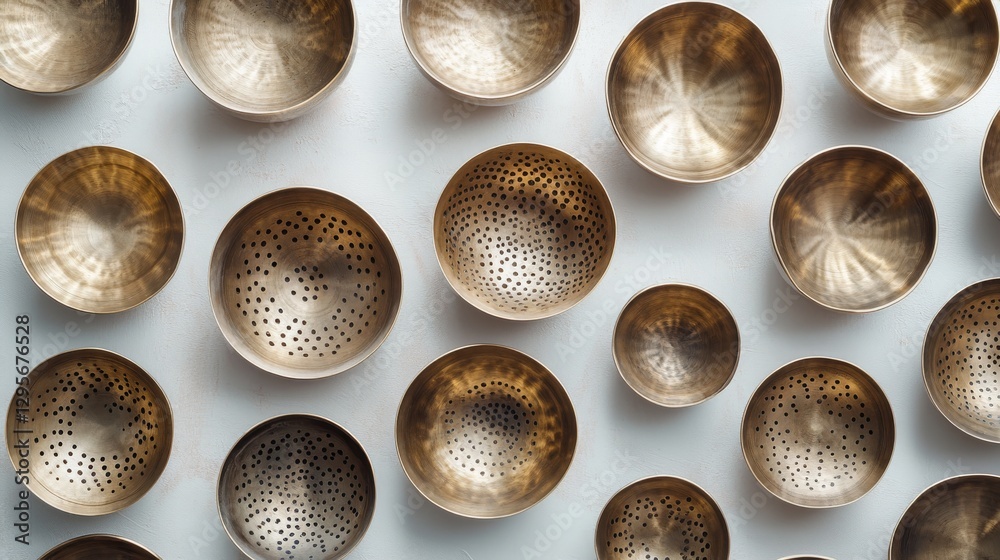 Fototapeta premium Ancient meditation bowls array, hand-hammered patterns, metallic brass finish, sacred sound tools, horizontal banner layout, pristine white setting, spiritual instruments, high-end product shot
