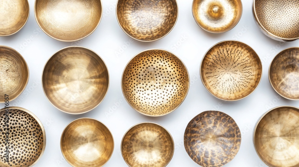 Ancient meditation bowls array, hand-hammered patterns, metallic brass finish, sacred sound tools, horizontal banner layout, pristine white setting, spiritual instruments, high-end product shot Ancient meditation bowls array, hand-hammered patterns, metallic brass finish, sacred sound tools, horizontal banner layout, pristine white setting, spiritual instruments, high-end product shot