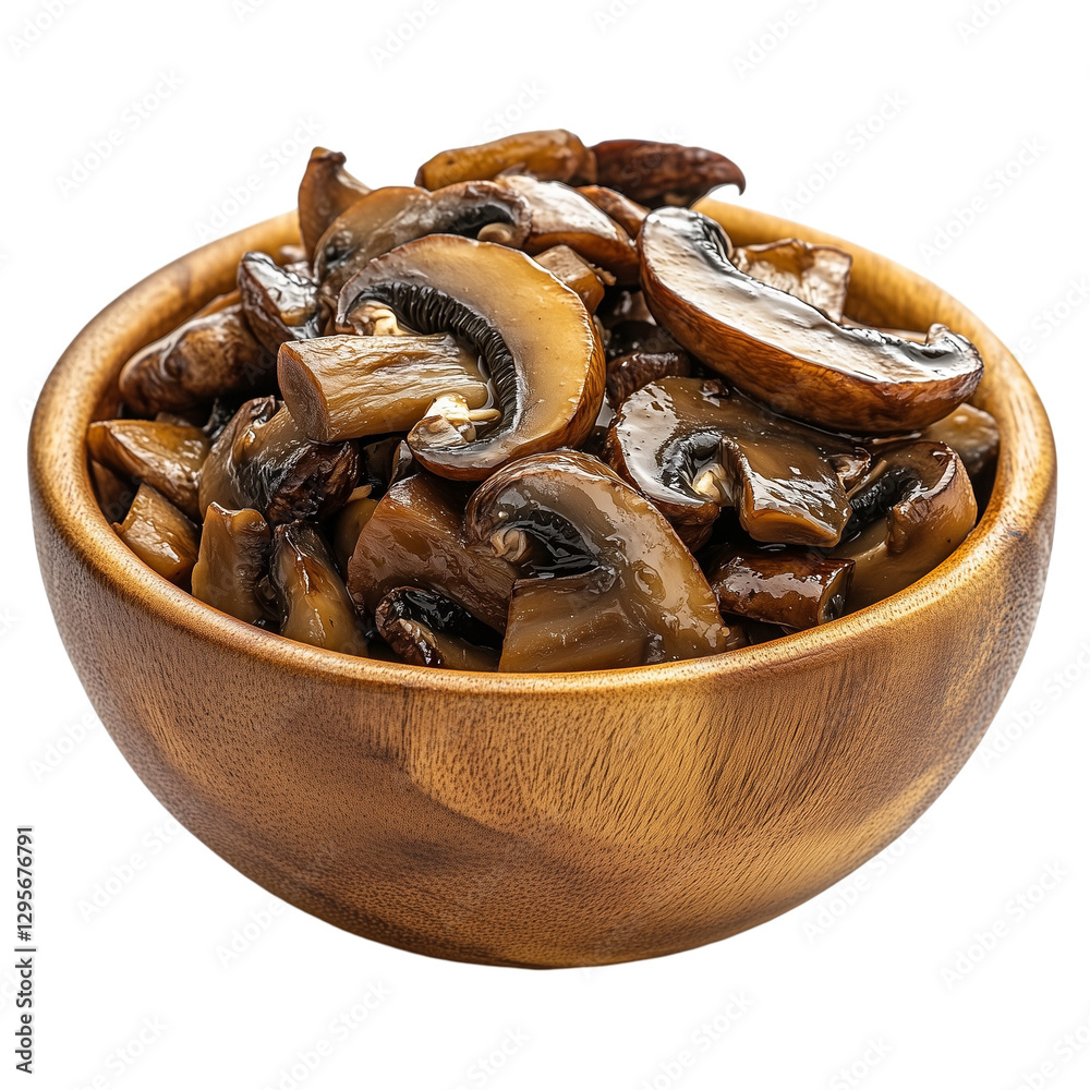 Fototapeta premium Wooden bowl filled with sautéed mushrooms isolated