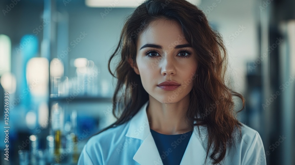 Fototapeta premium Young Female Scientist in Laboratory Setting with Long Dark Hair Wearing White Lab Coat and Serious Expression Focused on Research and Discovery