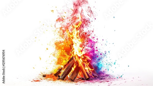Traditional Holi Bonfire (Holika Dahan) Celebrating Happy Holi Isolated on White Background