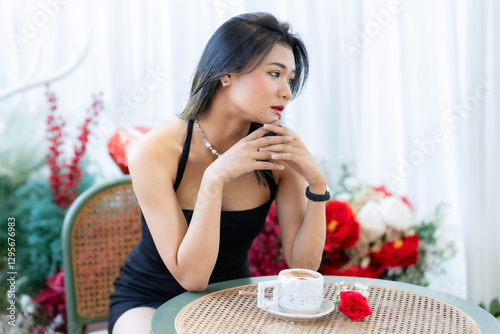 Obraz na płótnie valentine's day, Portrait beautiful asian people woman fashion model in summer Black dress and coffee in cup holding bouquet of red roses in the living room inside or cafe w salonie