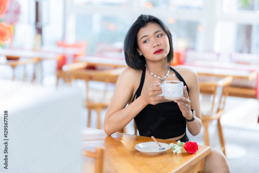 valentine's day, Portrait beautiful asian people woman fashion model in summer Black dress and coffee in cup holding bouquet of red roses in the living room inside or cafe