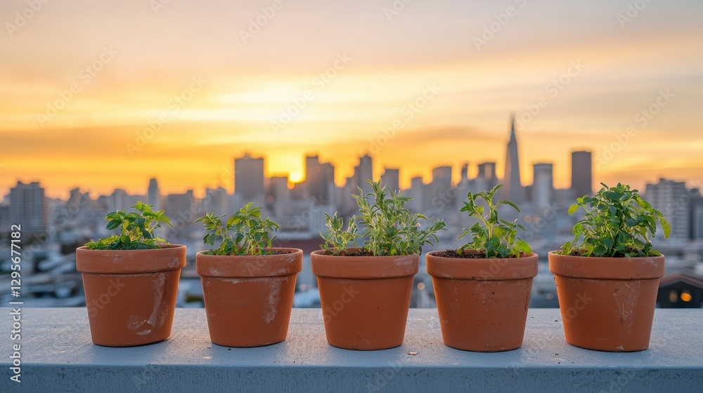 Five potted plants with the San Francisco skyline at sunset in the background. Concept of gardening, urban gardening, and city life. Five potted plants with the San Francisco skyline at sunset in the background. Concept of gardening, urban gardening, and city life.