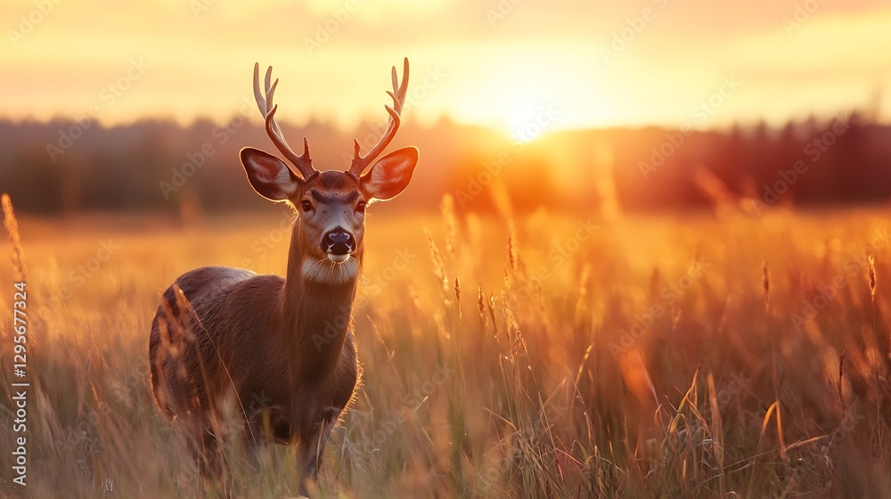 Fototapeta premium Majestic Deer Standing in a Field at Sunset with Soft Golden Light : Generative AI