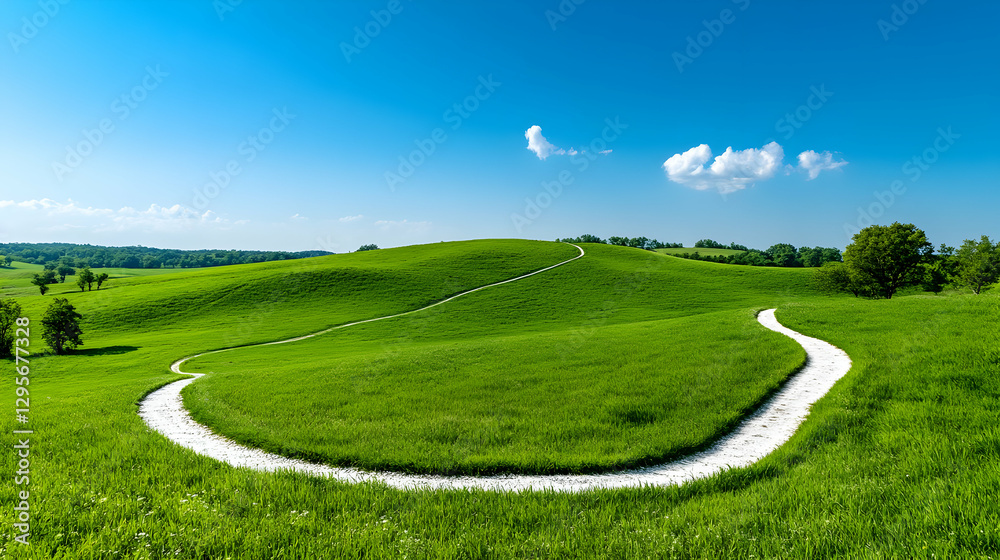 Naklejka premium A quiet country road goes through green hills under a clear blue sky, showing the calm of the countryside