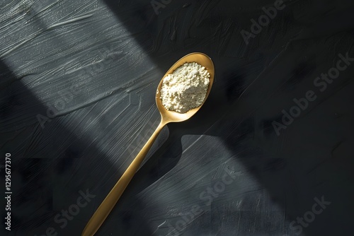Scoop of Premium Whey Protein Powder with Golden Utensil on Minimalist Background
