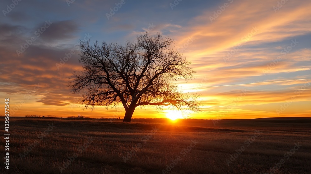 Solitary tree silhouette against a stunning sunset sky creating a peaceful natural landscape : Generative AI Solitary tree silhouette against a stunning sunset sky creating a peaceful natural landscape : Generative AI