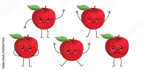 Set of vector apple characters with kawaii emotions, arms and legs