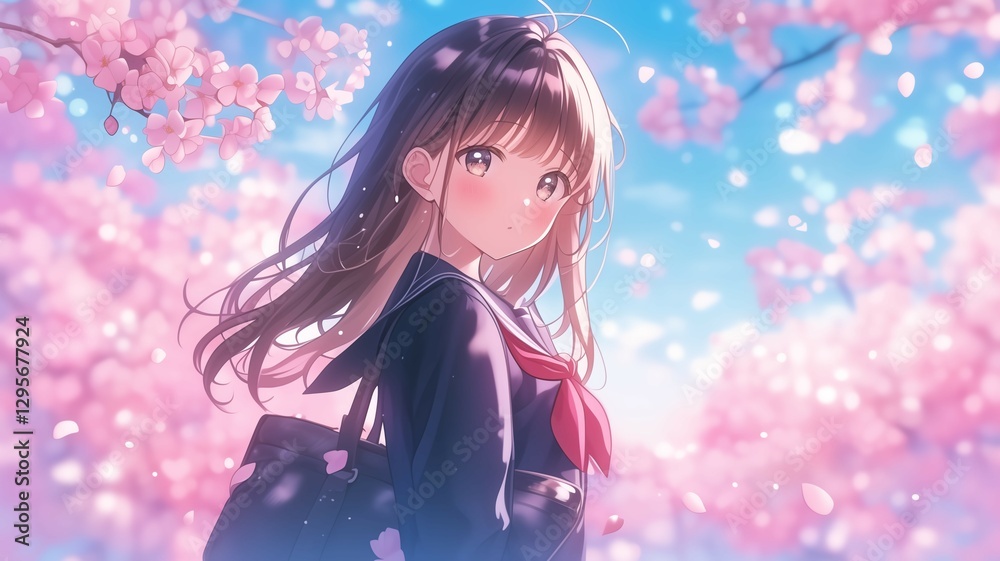 桜の木の下で髪をなびかせているアニメ調の日本人美少女