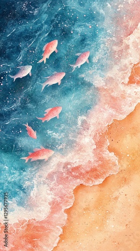 Swimming Fish in Ocean Watercolor Painting with Sandy Beach Detail