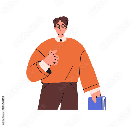 Happy boy in glasses points at you. Young man chooses, indicates on choice with index finger. Joyful student holds book, shows forward with hand gesture. Flat isolated vector illustrations on white