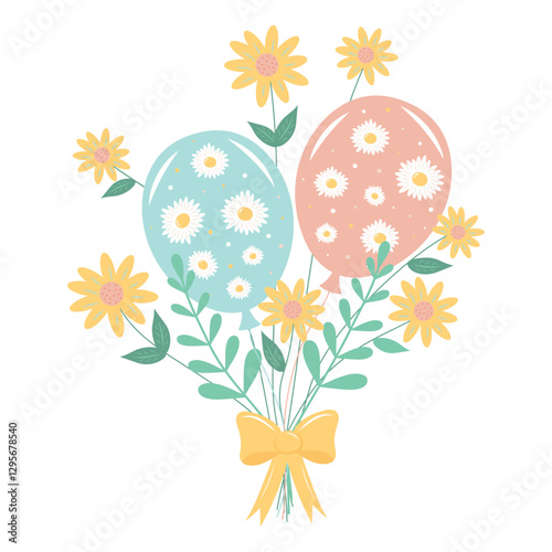 Bouquet of balloons, daisies and twigs with a bow isolated on white background.