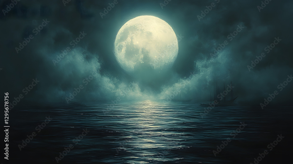 Mysterious Red Moon Rising Over a Foggy Ocean at Night Mysterious Red Moon Rising Over a Foggy Ocean at Night