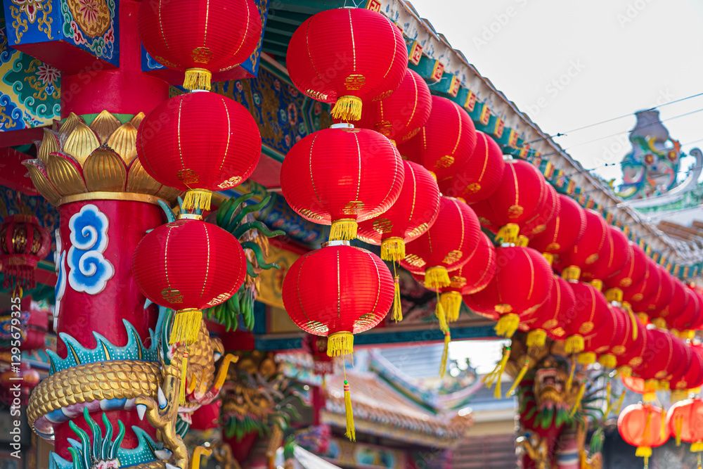 red lantern decoration for Chinese New Year Festival at Chinese shrine Ancient chinese art with the Chinese alphabet Blessings written on it Is a Fortune blessing compliment,Is a public place Thailand