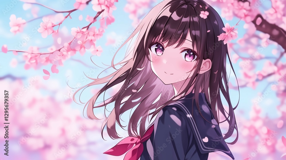桜の木の下で髪をなびかせているアニメ調の日本人美少女 桜の木の下で髪をなびかせているアニメ調の日本人美少女