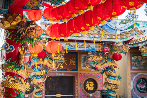 Obraz na płótnie red lantern decoration for Chinese New Year Festival at Chinese shrine Ancient chinese art with the Chinese alphabet Blessings written on it Is a Fortune blessing compliment,Is a public place Thailand w salonie