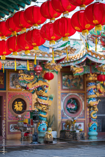 red lantern decoration for Chinese New Year Festival at Chinese shrine Ancient chinese art with the Chinese alphabet Blessings written on it Is a Fortune blessing compliment,Is a public place Thailand