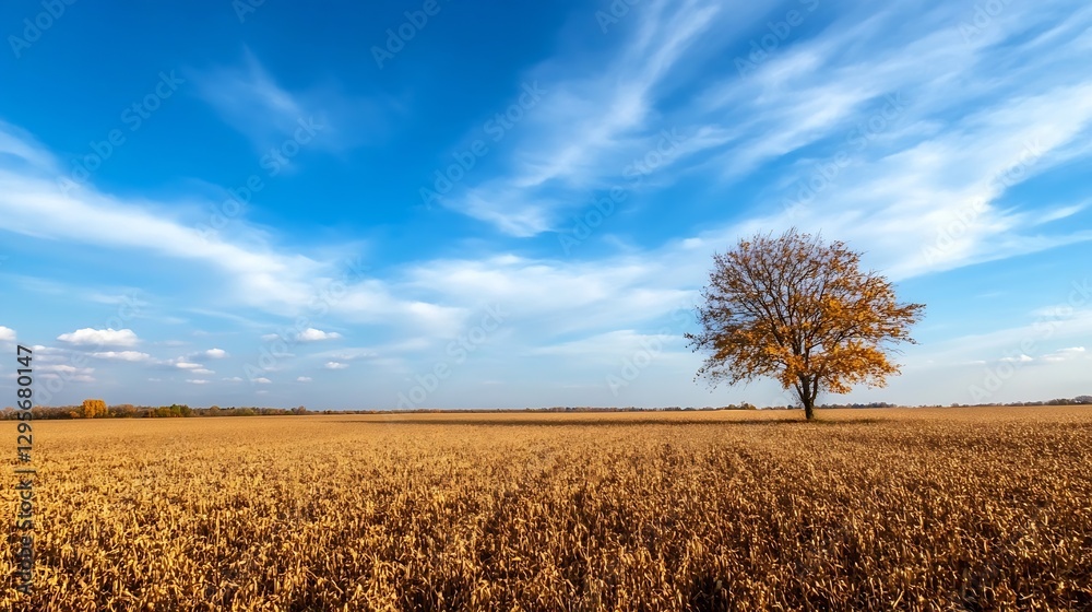 Fototapeta premium Scenic golden field under a bright blue sky with a solitary tree standing majestically : Generative AI