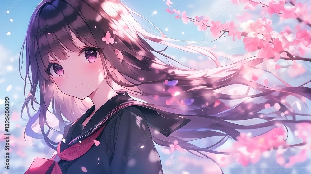 桜の木の下で髪をなびかせているアニメ調の日本人美少女