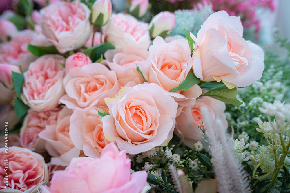 Valentine's day concept,close up Sweet color of artificial rose bouquet of red and pink roses Put with rose vase weddings interiors and decorations In a restaurant background