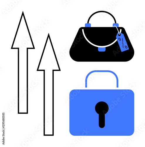 Upward black arrows, black purse with blue details and tag, blue lock. Ideal for business growth, security, efficiency, finance, investment organization success. Minimalist abstract line flat
