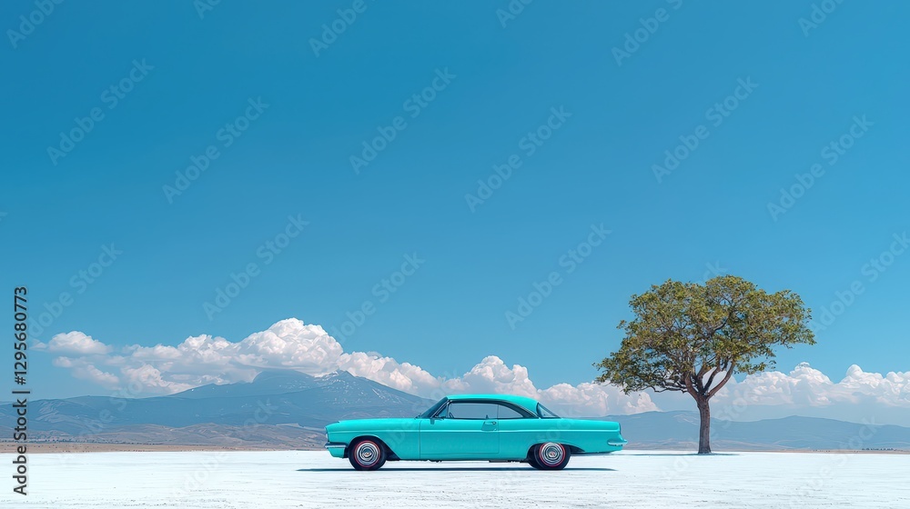 Turquoise car parked by tree against mountain backdrop in surreal, bright landscape Turquoise car parked by tree against mountain backdrop in surreal, bright landscape