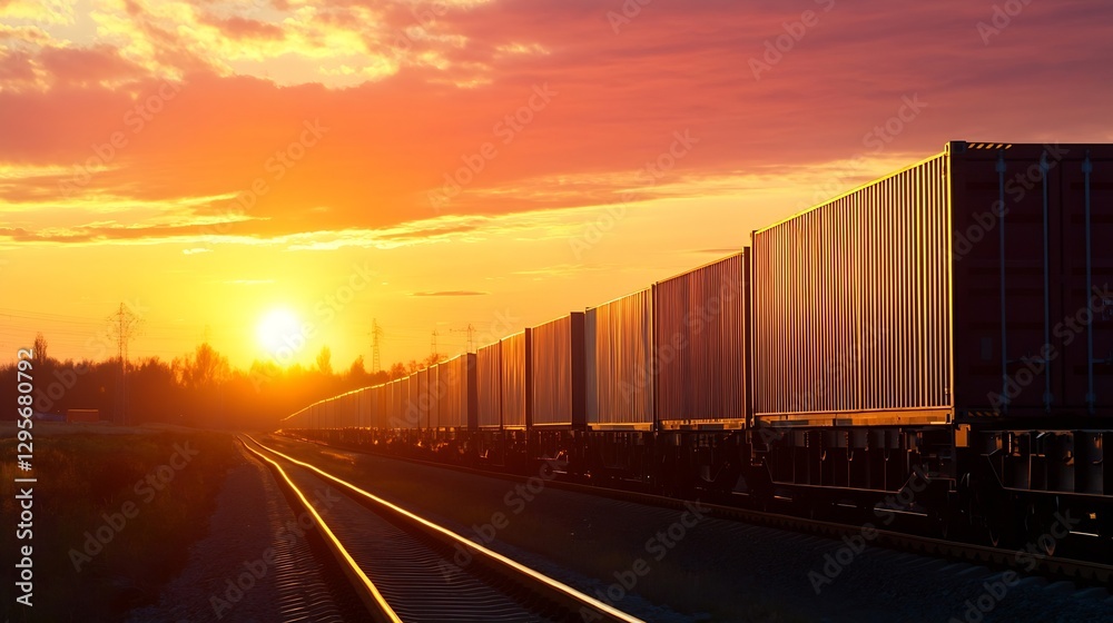 Fototapeta premium Scenic sunset landscape with bright orange sky and long train of containers on railway tracks : Generative AI