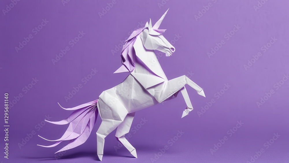Obraz premium a whimsical origami unicorn stands proudly against a soft purple backdrop