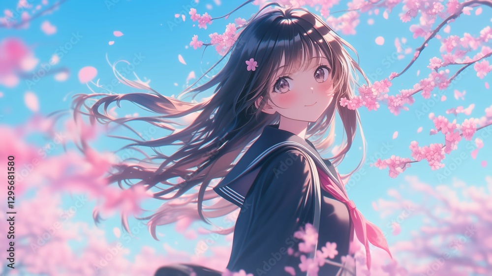 桜の木の下で髪をなびかせているアニメ調の日本人美少女